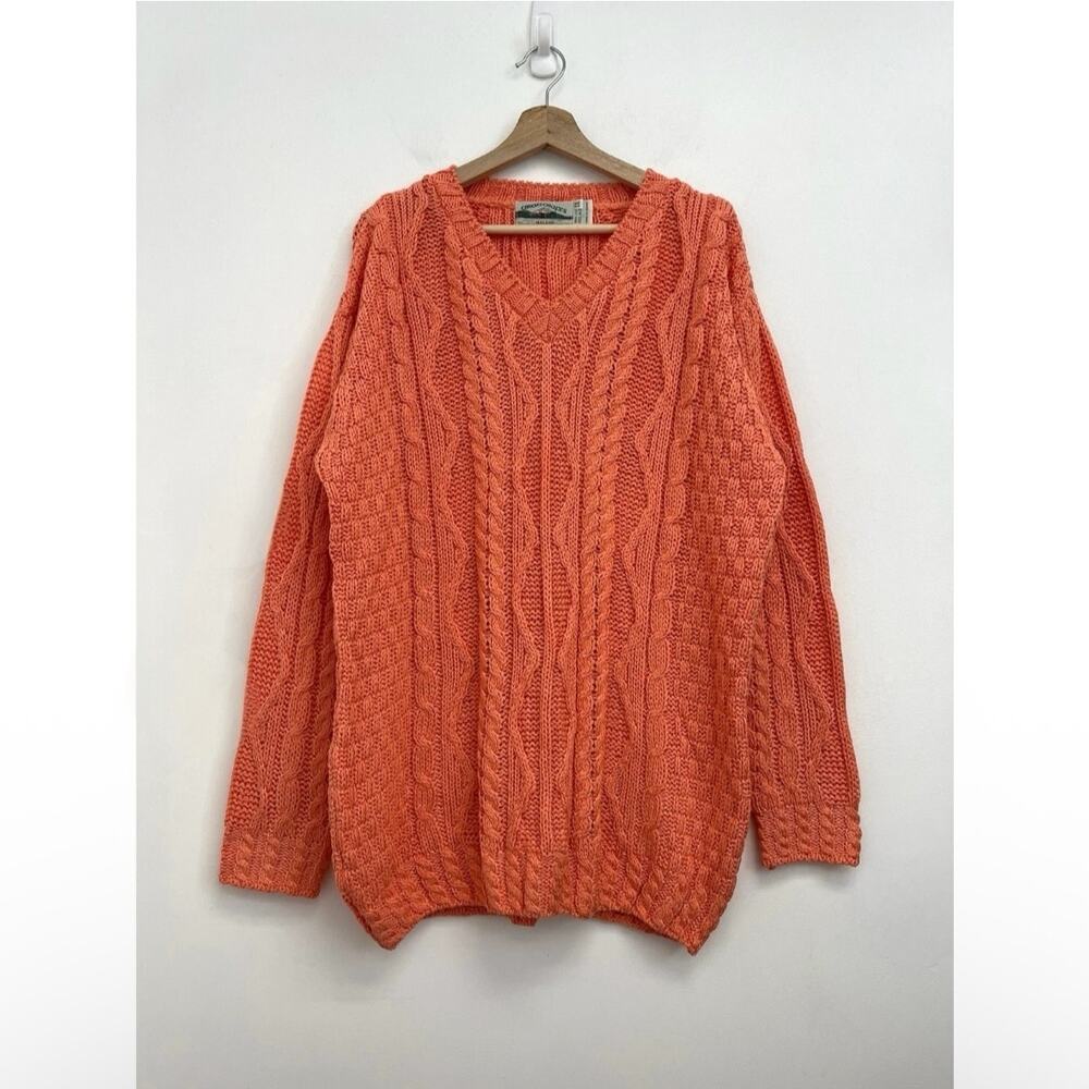 Aran Crafts Irish Cable Knit V-Neck Cotton Blend Sweater Ireland Coral XXL